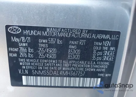 2021 Hyundai Santa Fe Calligraphy from USA, damaged, VIN 5NMS5DAL4MH367757